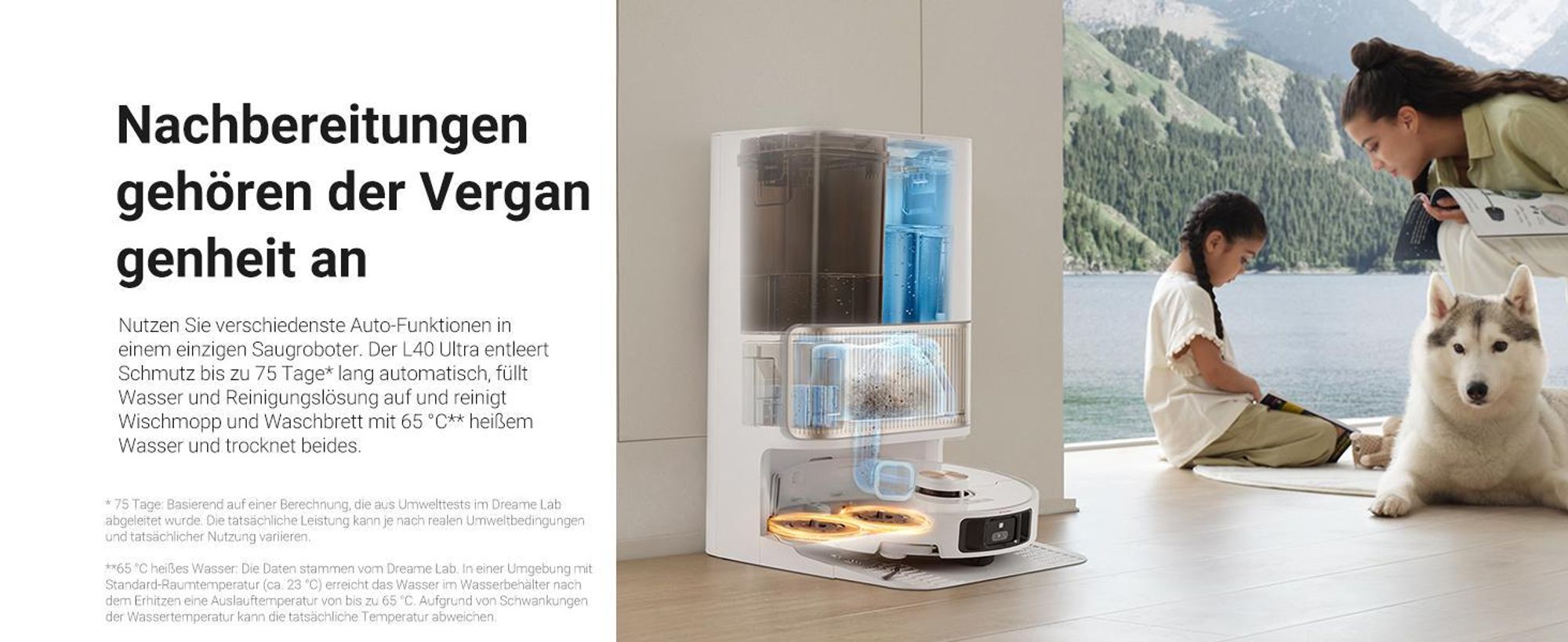 Dreame L40 Ultra Roboter Staubsauger mit Wischfunktion,11KPa Saugleistung,65°C selbstreinigendem,0 tangle Bürste,Obstacle Avoidance,All-in-One-Dock