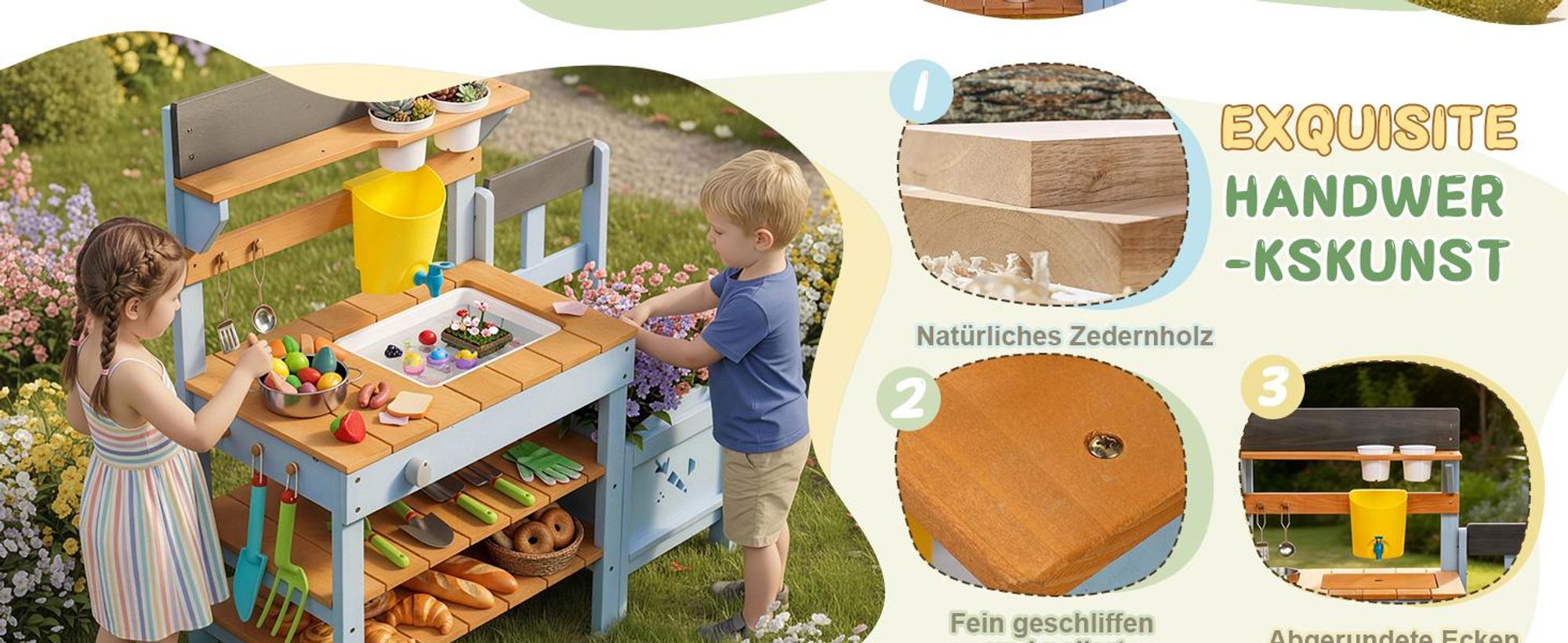 FCH Matschküche aus Holz für Kinder Outdoorm,Gartenküche,Spielküche mit Spüle, Kochfeld und Pflanzkasten
