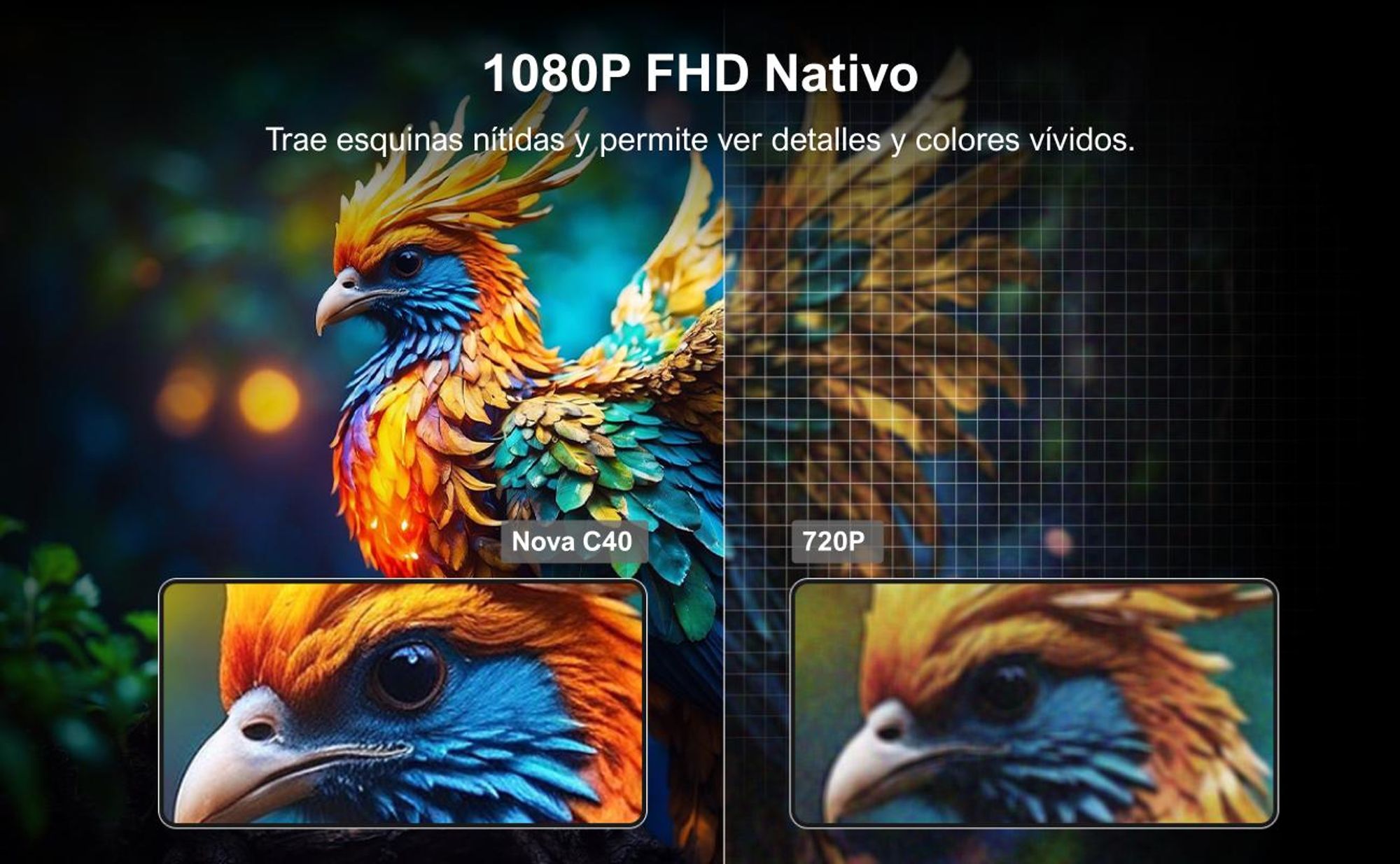 Proyector ULTIMEA Nova C40 con decodificación 4K y Android TV 11.0. Proyector con relación de contraste 1000:1, audio Dolby, 900 lúmenes ANSI, HDR10 y HLG, y diseño de gimbal de 90° que permite una instalación sin necesidad de soportes