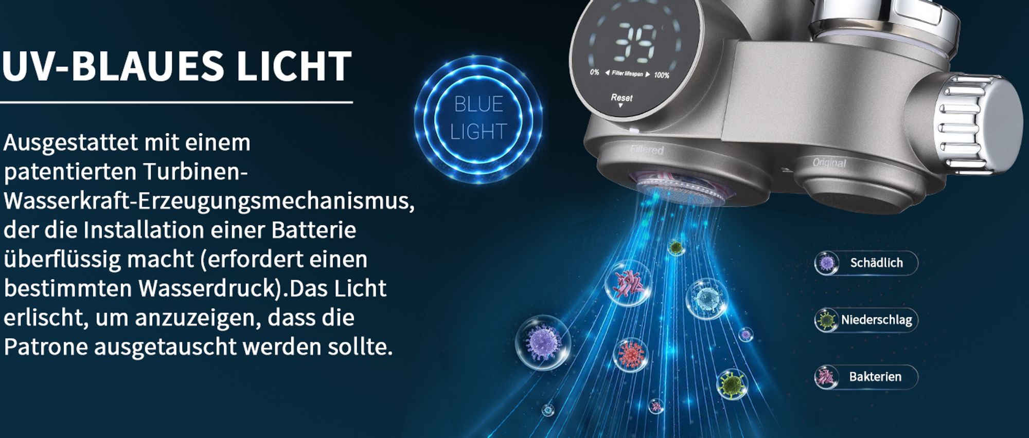 Homelody Wasserfilter für Wasserhahn mit Blaulicht-Sterilisation, Wasserfilter für Standard-Wasserhähne mit 2 Pack Wasserfilter Cartridges