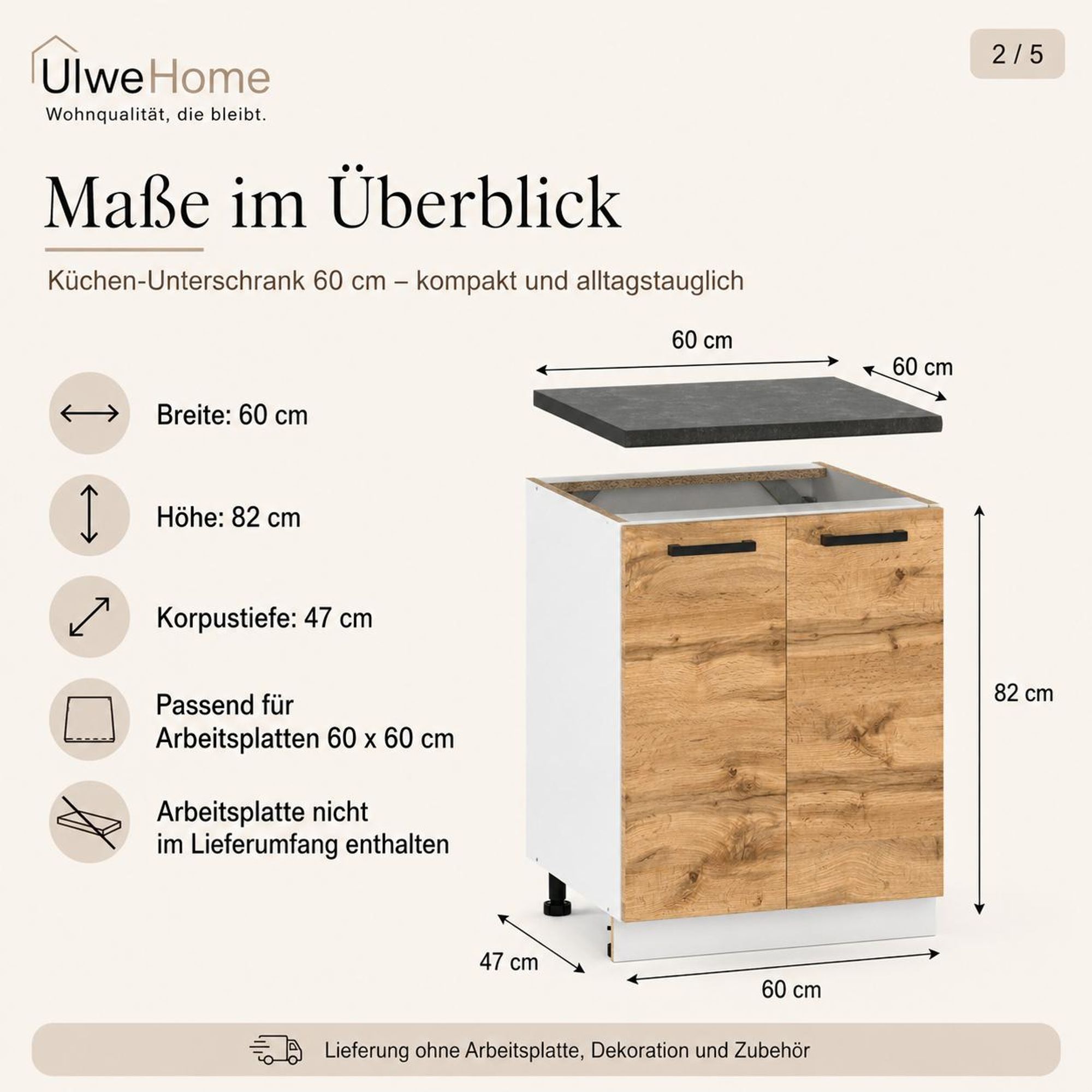 UlweHome Küchenunterschrank Eiche Wotan: Maße 60 cm Breite, 82 cm Höhe & 47 cm Tiefe.