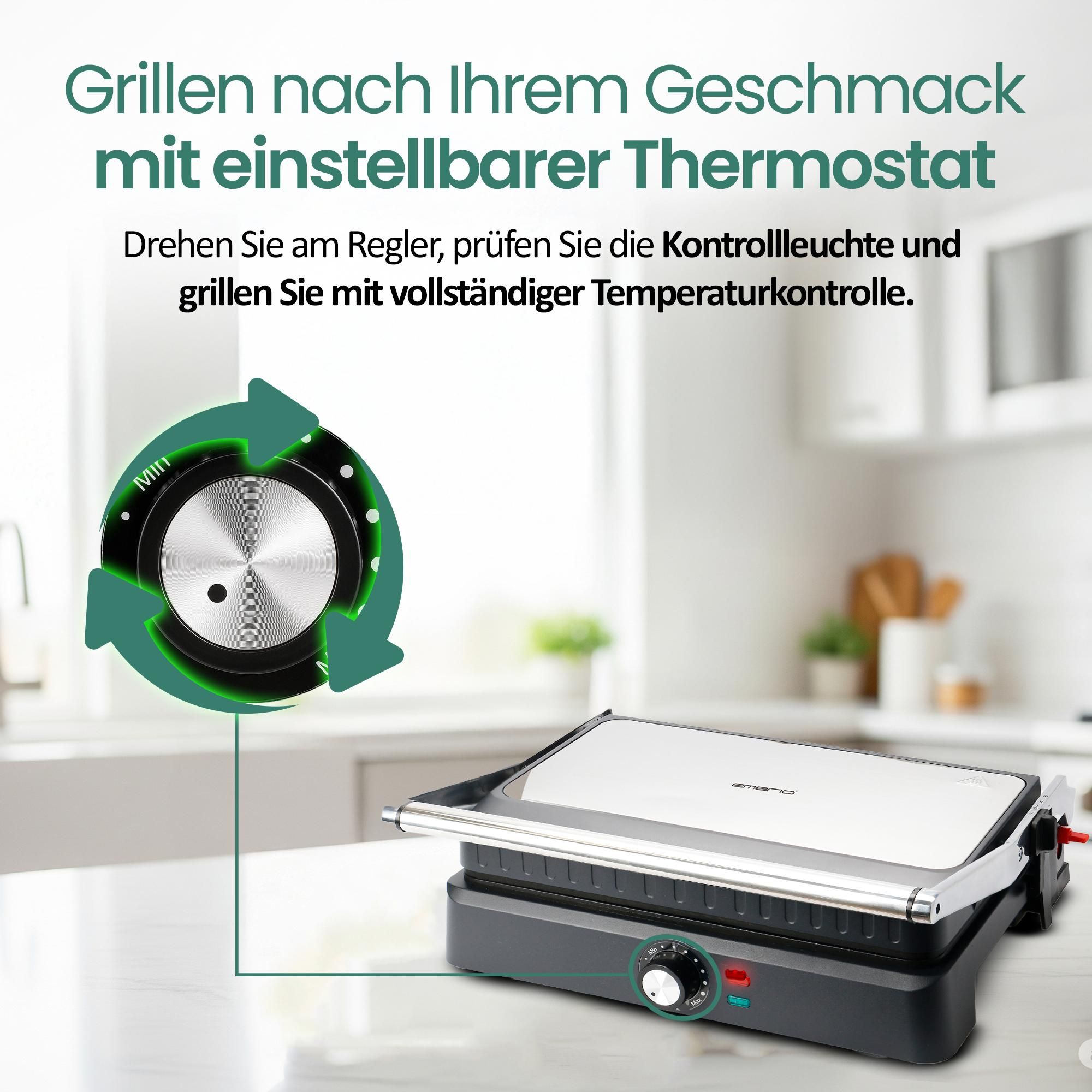 Emerio Kontaktgrill – Sandwichmaker – Große Grillfläche 34 × 24 cm – Panini-Grill – Sandwich-Toaster CG-130859 – Edelstahl / Schwarz