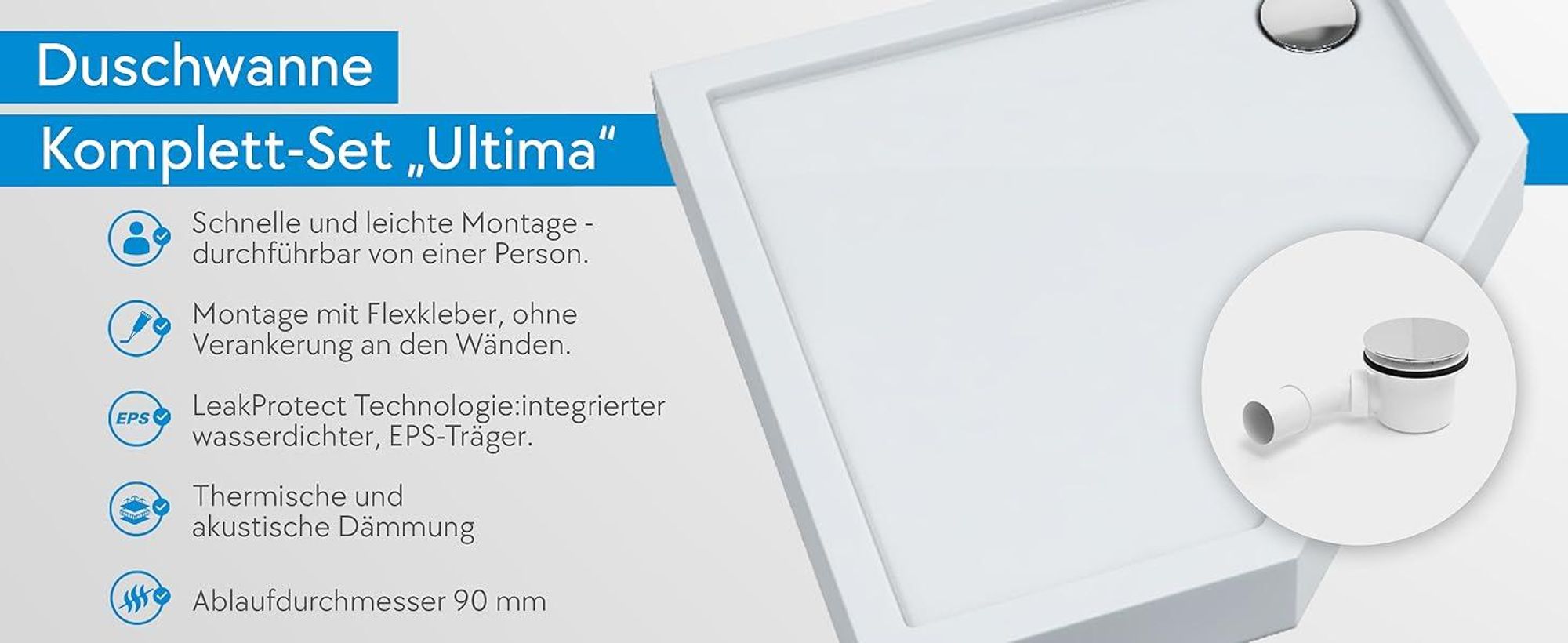 AQUABAD® Duschwanne Komplettset Ultima LeakProtect® Smooth White 90x90cm Fünfeck mit Ablaufgarnitur Alcadrain A49CR