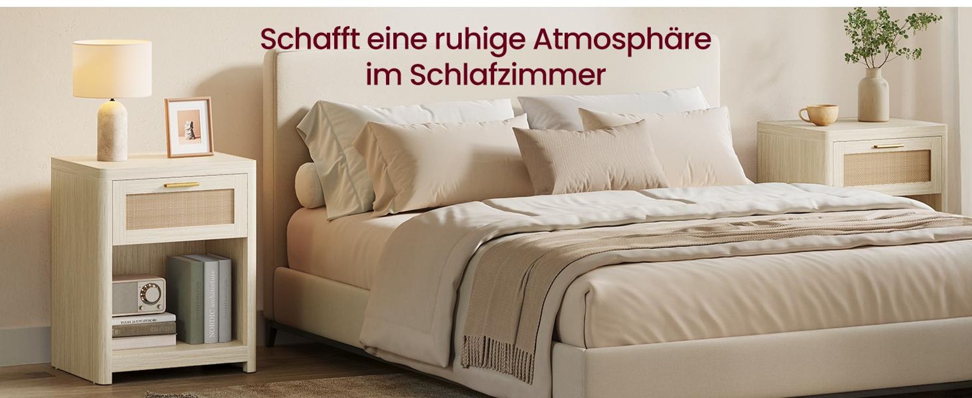 VASAGLE Nachttisch, 2er Set, Boho-Stil, Beistelltisch, mit Schublade in Rattan-Optik, beige