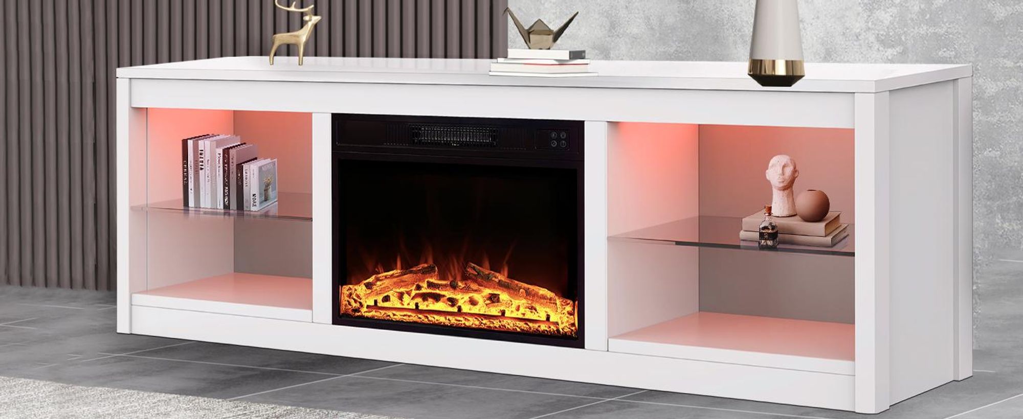 Parrot Uncle TV-Schrank für Fernseher bis 75 Zoll, MDF, Weiß , mit 24" Elektrokamin und Farbwechselnde LED-Leiste, 168 x 42 x 56 cm, 54 kg Tragkraft