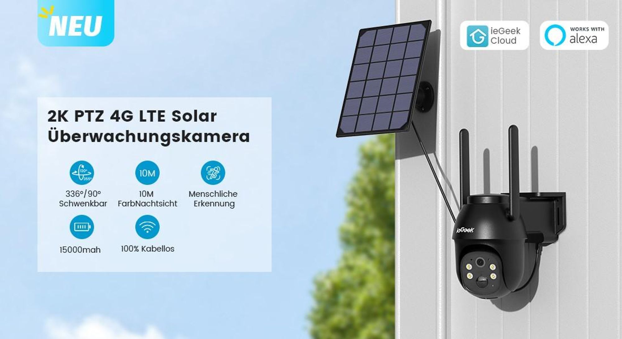 ieGeek 4G LTE Überwachungskamera Außen Akku 9600mAh mit Solarpanel und PTZ, IP Kamera Outdoor mit Farbnachtsicht, PIR-Sensor, 2-Wege-Audio, IP65, 64GB