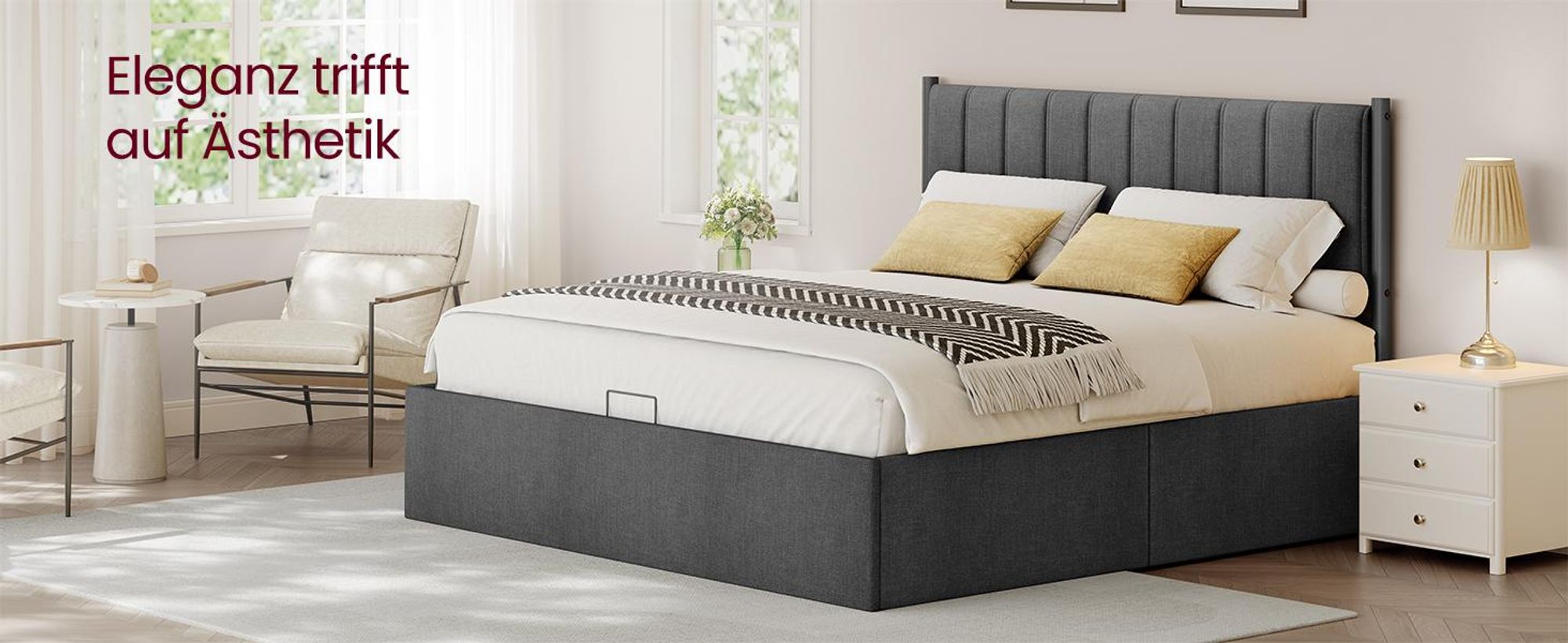 VASAGLE Bettgestell, 180 x 200 cm, hochklappbar Lattenrost, Stauraum unter dem Bett, mit Kopfteil, grau