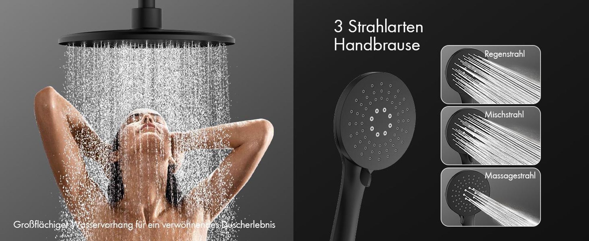 Duschsystem mit 38 °C Thermostat Edelstahl & Regal, Edelstahl Duscharmatur Set mit Handbrause & Kopfbrause, 3 Strahlarten, Höhenverstellbar, Schwarz