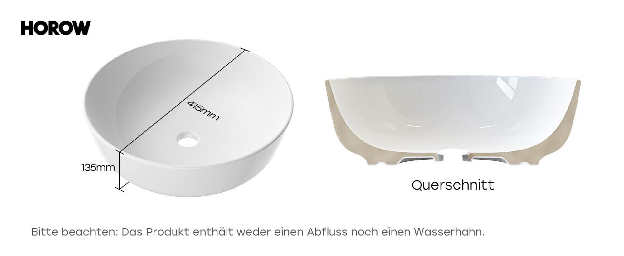 HOROW Aufsatzwaschbecken Rund Waschbecken 41.5 cm Glänzend Waschtisch weiß Handwaschbecken für Badezimmer Gäste-WC - ultradünner Rand