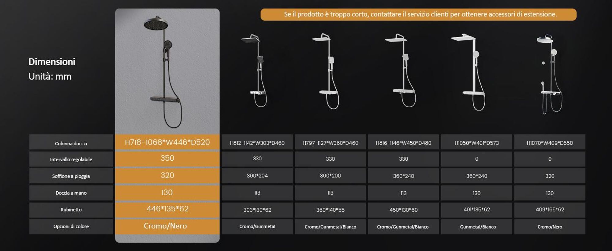 Sistema doccia EMKE® con termostatico doccia a pioggia rotonda con ripiano in vetro da 40 cm, rubinetteria per vasca e doccia, doccetta 3 modalità di getto + bocca inferiore nera F22