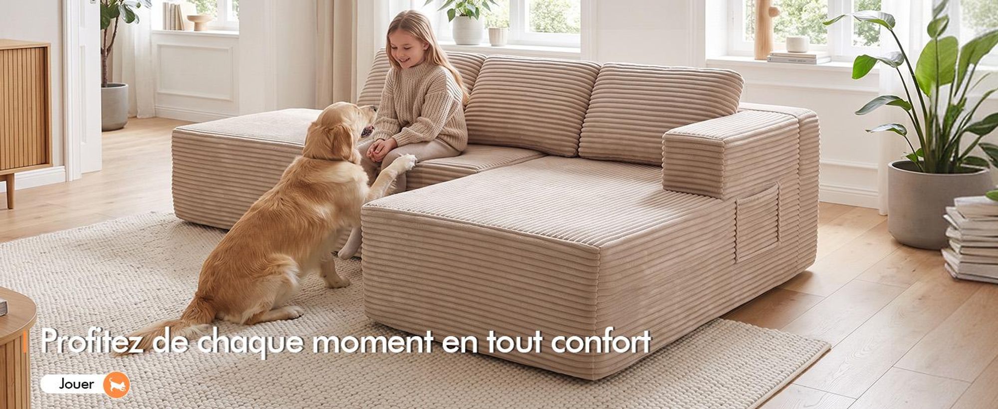 Canapé d'angle COMHOMA avec fonction convertible, 228 cm, en velours côtelé. Canapé modulaire sans structure visible, avec chaise longue et structure métallique pour le dossier. Canapé d'angle convertible avec ouverture