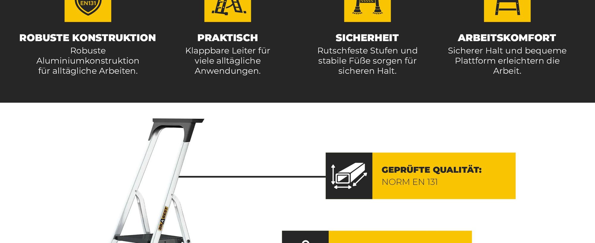 DRABEST | Leiter - Mehrzweckleiter -  Aluminiumleiter - PRO 6-stufige - mit Regal - bis zu 150 kg