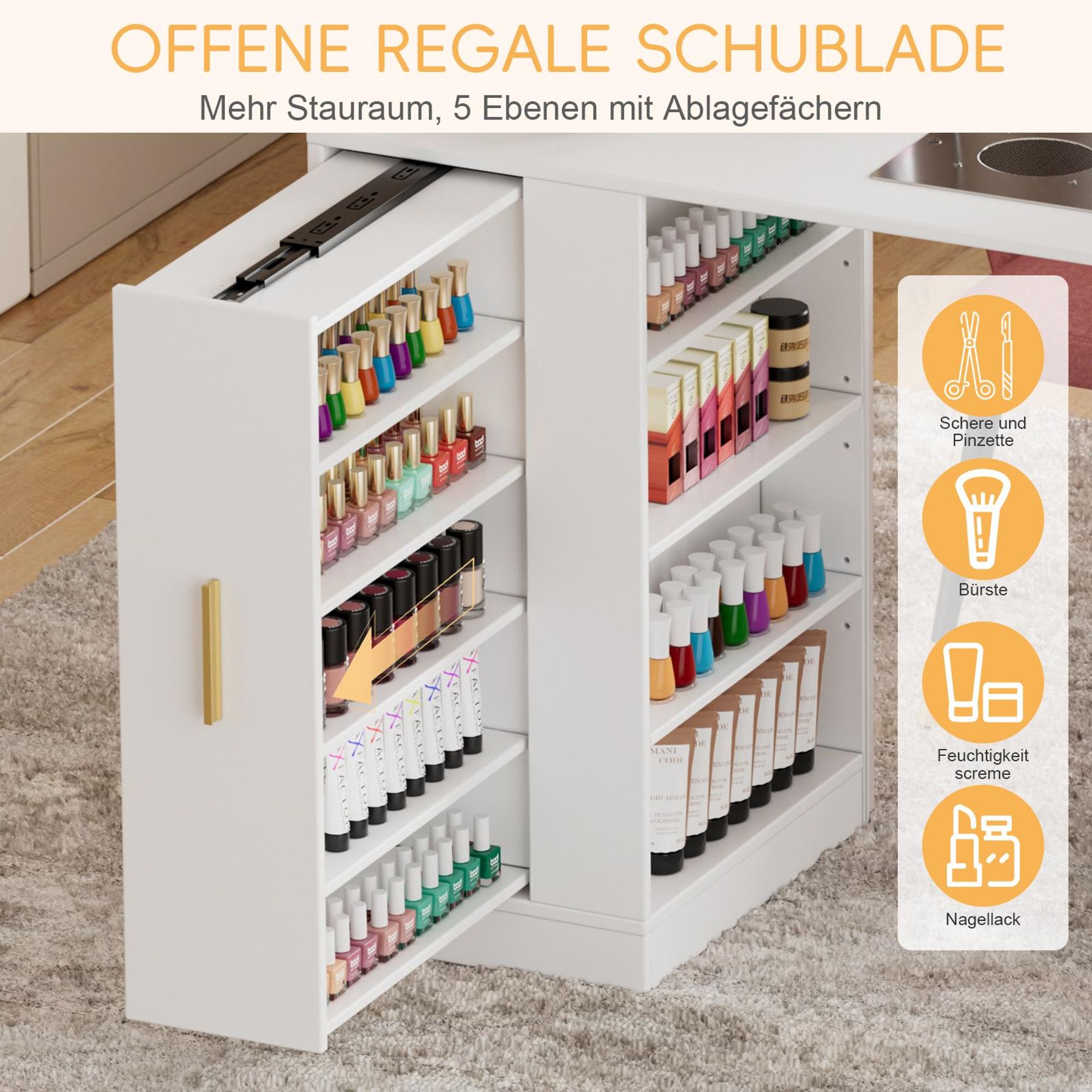 TWSOUL Arbeitstisch Nageltisch mit Absaugung, Staubbeuteln & viel Stauraum mit Lederpolster, Schublade, Schrank & offenen Regalfächern, Weiß