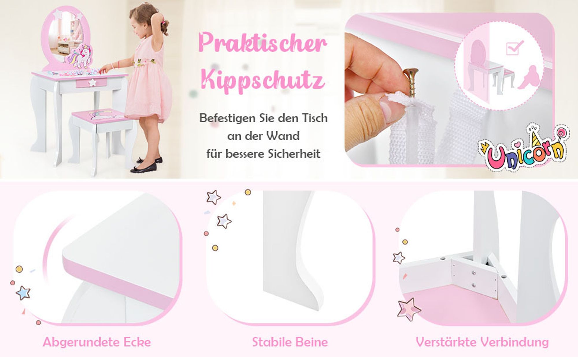 Kinder Schminktisch mit Hocker & Abnehmbarer Spiegel, Frisiertisch für Kinder, Frisierkommode mit Schublade für Mädchen (Rosa)