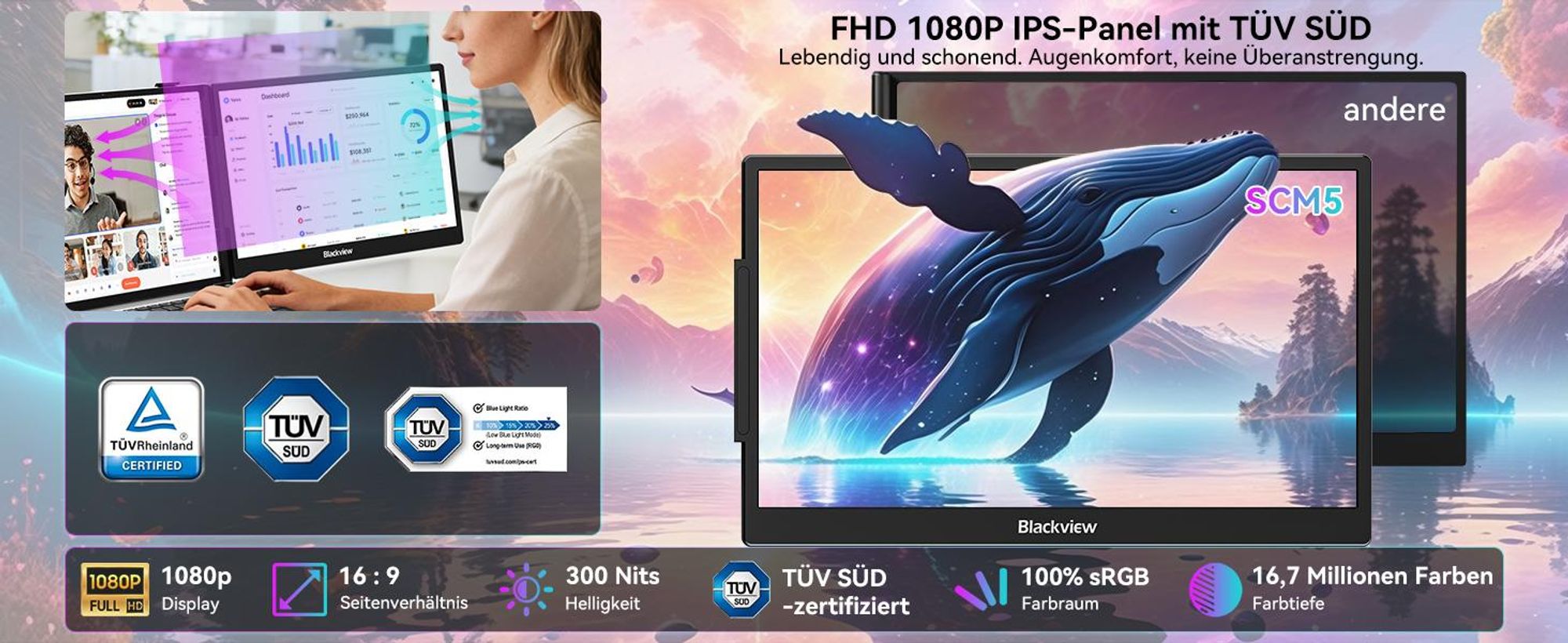Blackview SCM5 Monitor, 14" FHD IPS 1080P Display, 995g, USB-C 100W PD, 0-180° Neigung, Ständer, SÜD, Polyamid-Oberfläche, für 13"-17.3" Laptops