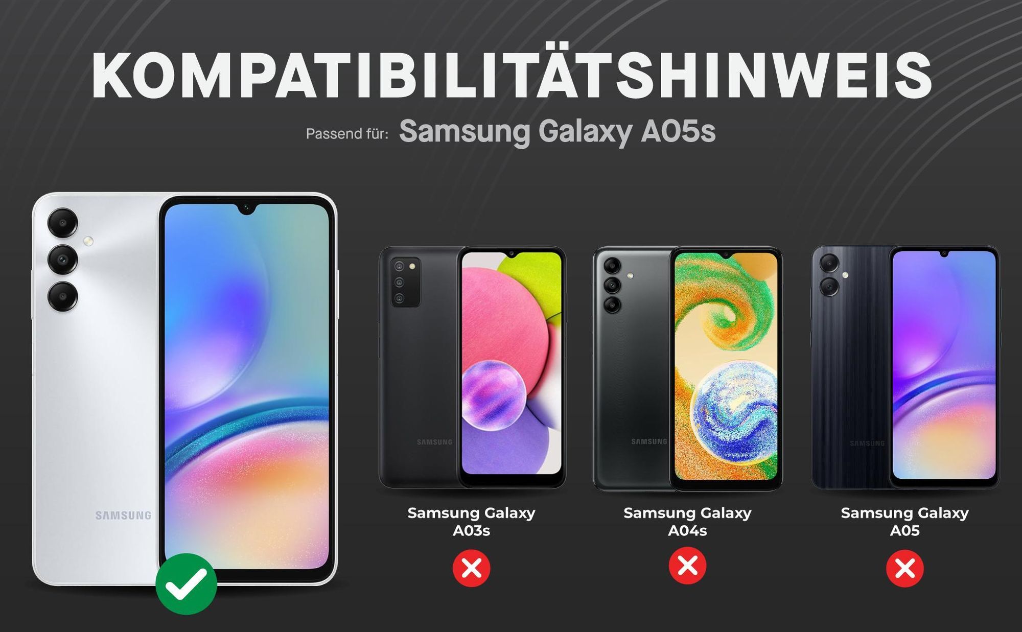 Kompatibilitätshinweise Displayglas für Samsung Galaxy A05s