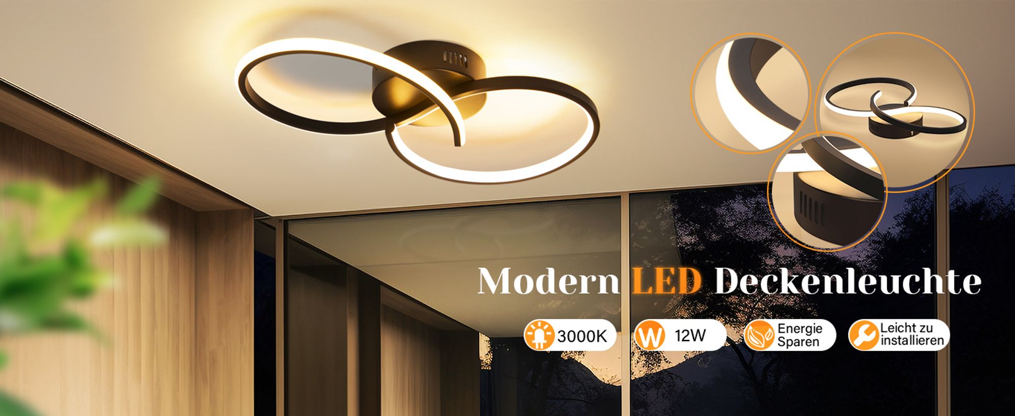 ZMH Deckenleuchte Wohnzimmer Deckenlampe Modern Wohnzimmerlampe Schwarz 12W Design Schlafzimmerlampe Innen 3000K Küchenlampe Warmweiß Deckenbeleuchtun
