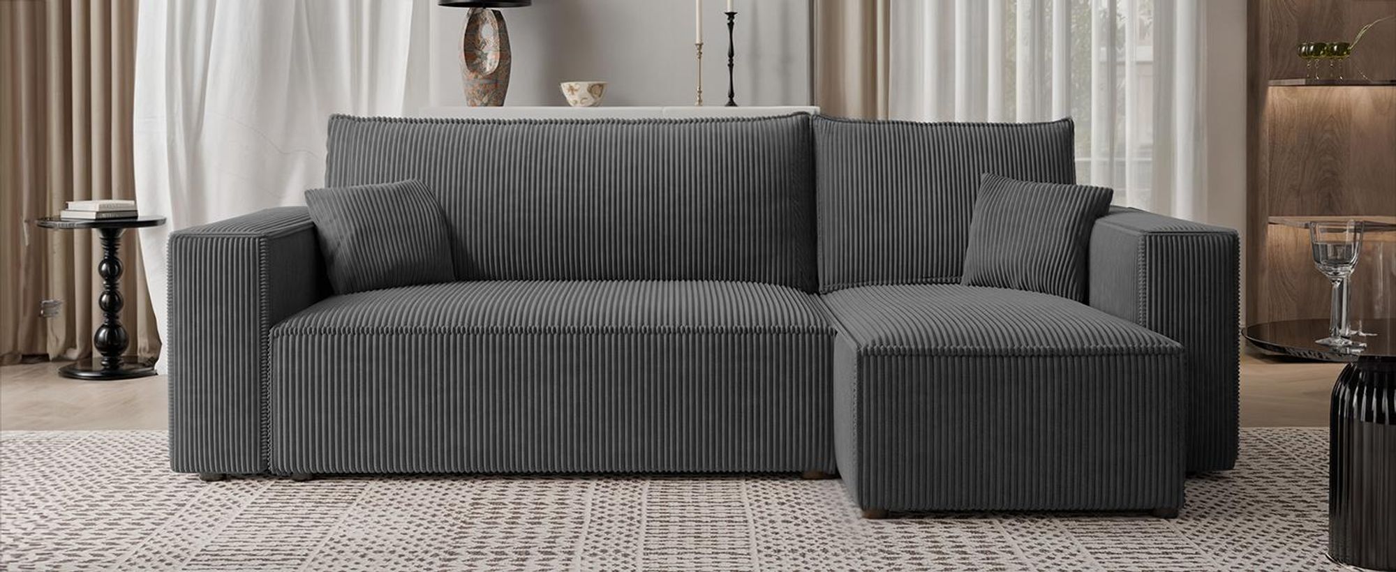 Idohome - PARIS L Ecksofa mit Schlaffunktion und Bettkasten 244x145 cm – universell  – Modernes Schlafsofa & Couchgarnitur Farbe: Anthrazit Poso 34