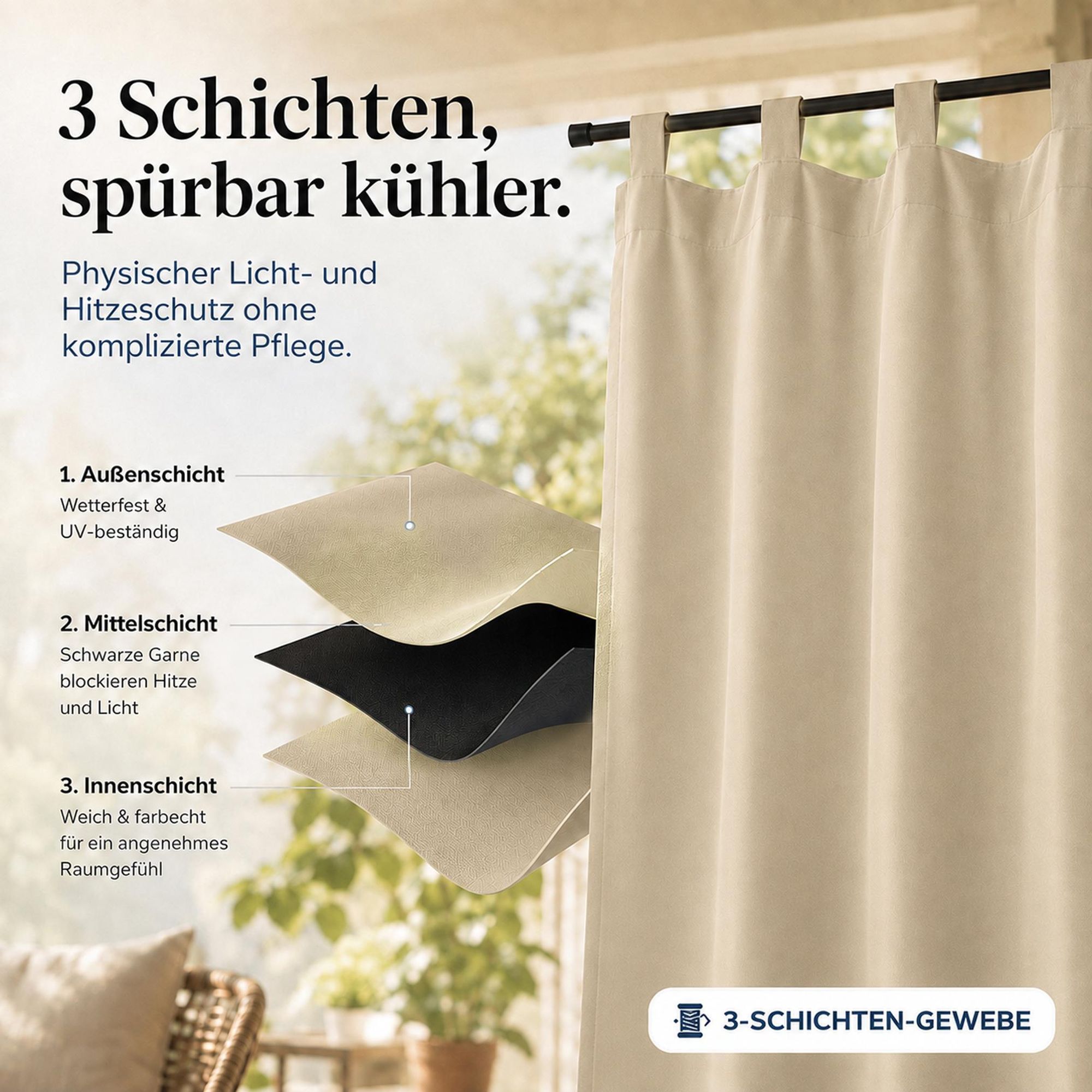 2Stk Outdoor Vorhang Wasserdicht mit Klettverschluss Schlaufen - Beige Thermovorhang Blickdicht Garten Terrasse Pergola Balkon B*H: 132x213cm