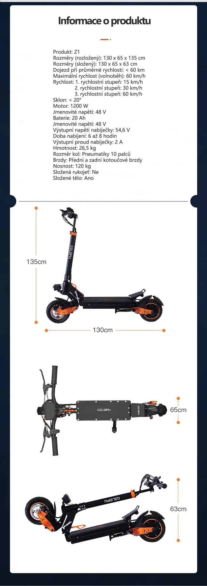 Elektrická koloběžka GELEIPU Z1 - Baterie 48V20AH Pneumatiky 10'' Kotoučové Brzdy - Černá