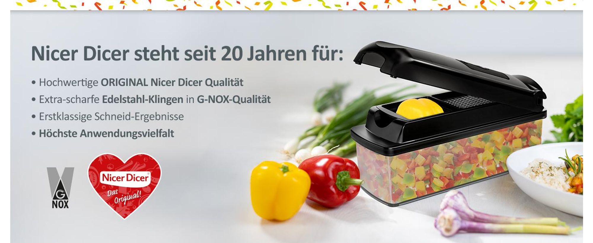 Genius Nicer Dicer Plus Gemüseschneider 17-tlg Jubiläums-Edition – Gemüsehobel Reibe mit 1.5L Auffangbehälter mit Deckel, Spiralschneider