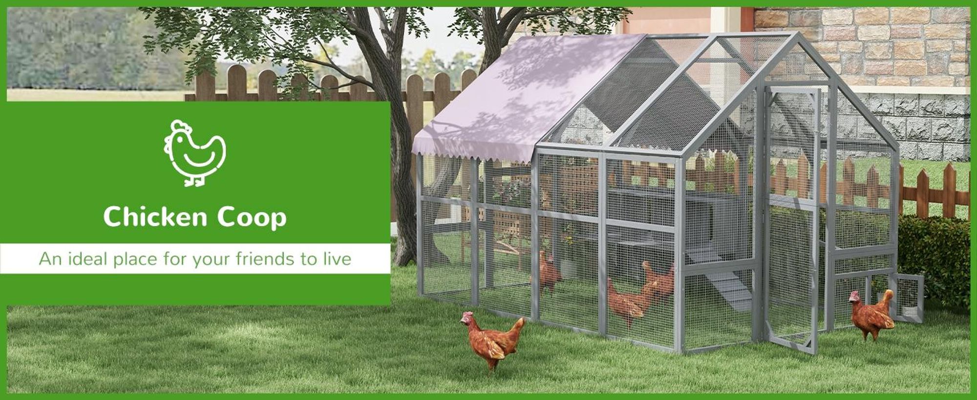 PawHut Kurnik z wolnym wybiegiem, drewniany, 280 x 185,5 x 188 cm, klatka dla kurczaków z drzwiami, gniazdem, dachem, rampą, wybieg zewnętrzny dla 8-12 kurczaków, szary