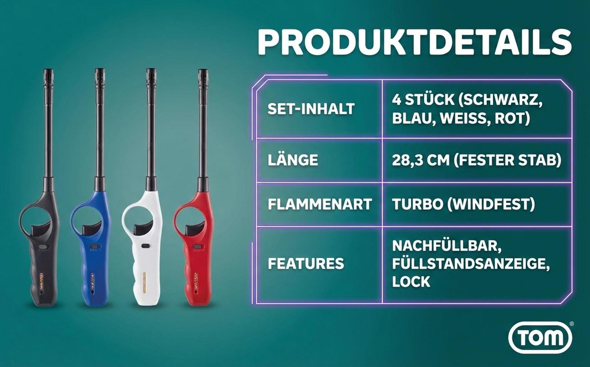 TOM Stabfeuerzeug | Sturmfeuerzeug | Jet-Flamme | 4er Set | Nachfüllbar | 28,3cm Stab