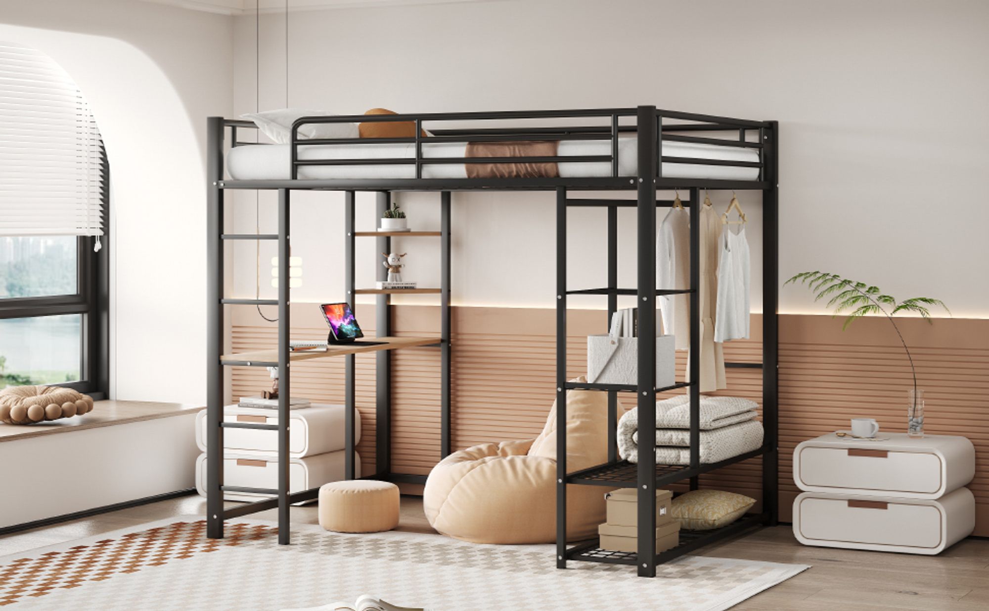 okwish Hochbett Etagenbett 140x200 cm mit Rausfallschutz, Metallbett Kinderbett mit Schreibtisch und Regal, Eisenbett Jugendbett mit Leiter, Schwarz