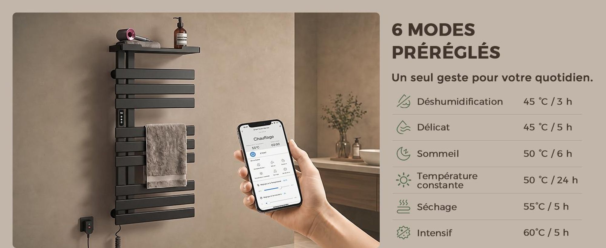 S'AFIELINA Sèche-serviettes électrique avec étagère  1050×500 mm 335 W Noir,Radiateur sèche-serviettes connecté WiFi, chauffage en fibre de carbone