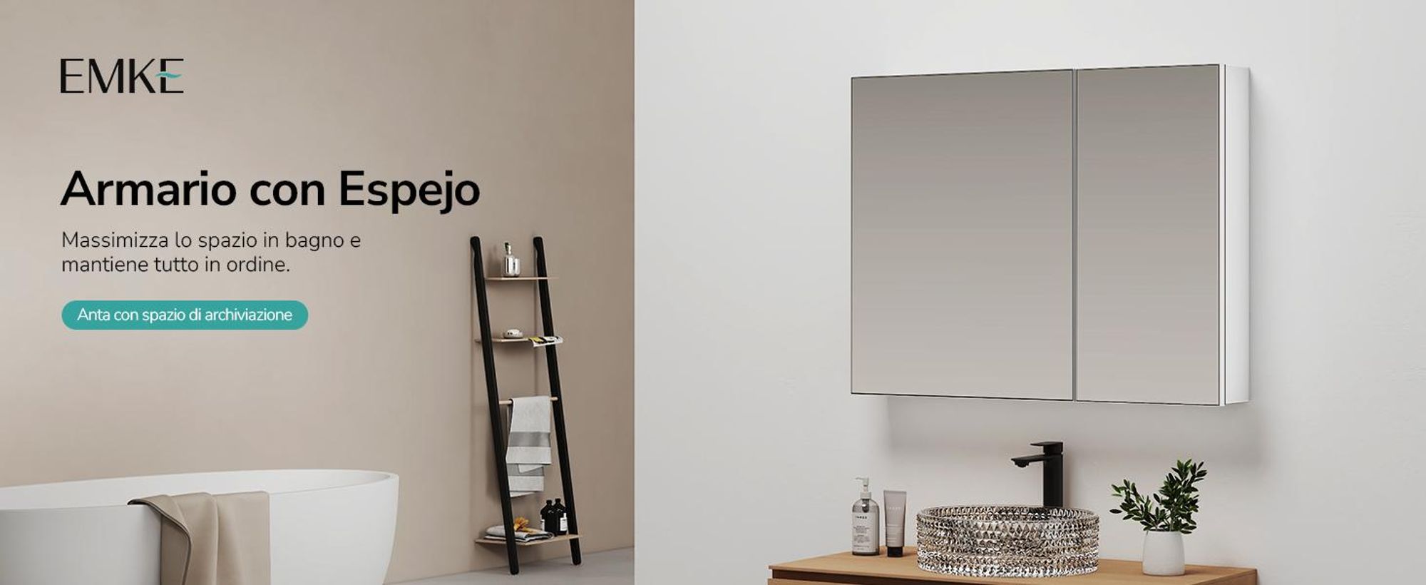 Armadio a specchio EMKE bianco opaco a doppia anta 65x80x14,5 cm a parete con portaoggetti e ripiano regolabile in vetro d'acciaio Ideale per l'organizzazione del bagno