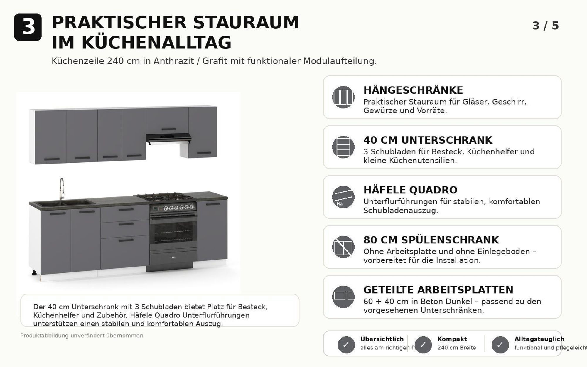 Stauraumlösung der 240 cm Küchenzeile mit Hängeschränken, Spülenschrank