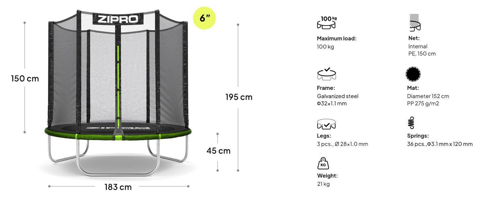 ZIPRO Trampolína Jump Pro Out | 6FT Ø 183 cm | Zahradní trampolína pro děti, kompletní sada včetně vnější sítě a ochranného krytu, pro venkovní použití, zelená