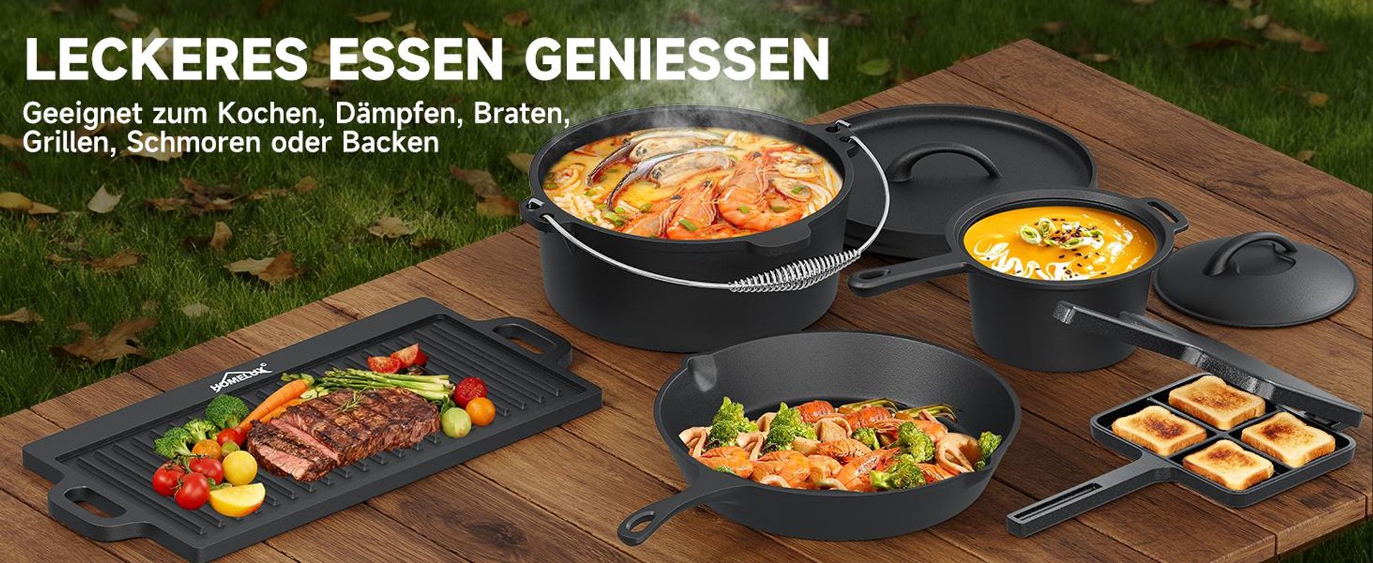 HOMELUX 12-teiliges Dutch Oven Set in Holzkiste, Kochtopf, Pfanne, Saucentopf, Wende-Grillplatte, Waffeleisen, Stapelrost, Ringreiniger, Schaber Set