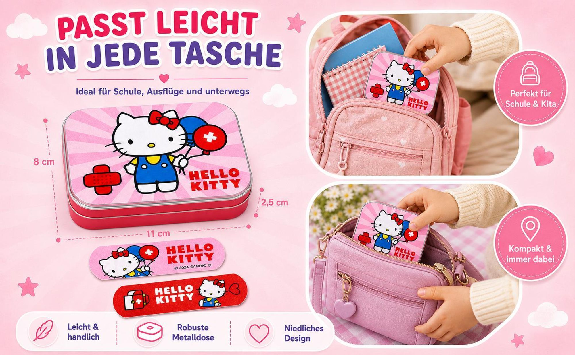 Hello Kitty Rosa Kinderpflaster Lizensiertes Produkt - Metall-Box - 24 Pflaster - Schönes Design Pflaster Aufbewahrungsbox für Kinder - 1 Box