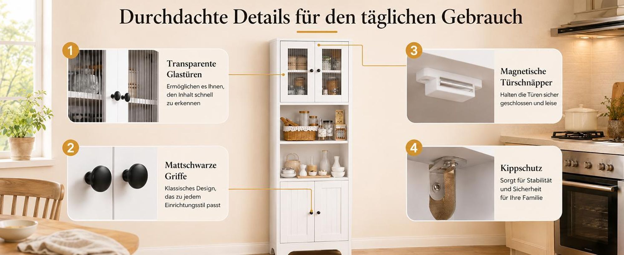 Yorbay Hochschrank Badezimmerschrank mit 2 Ablageböden und 4 Türen, Vielseitiger Aufbewahrungsschrank für Bad, Küche & Wohnzimmer, 57,5 x 28,5 x 162,5