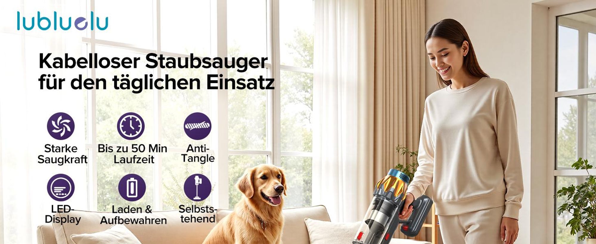 Lubluelu P6 Akku Staubsauger 78kPa Stielstaubsauger Handstaubsauger 50min.Selbststehender 450W Staubsauger Kabellos mit LED Display Anti-Tangle-Bürste