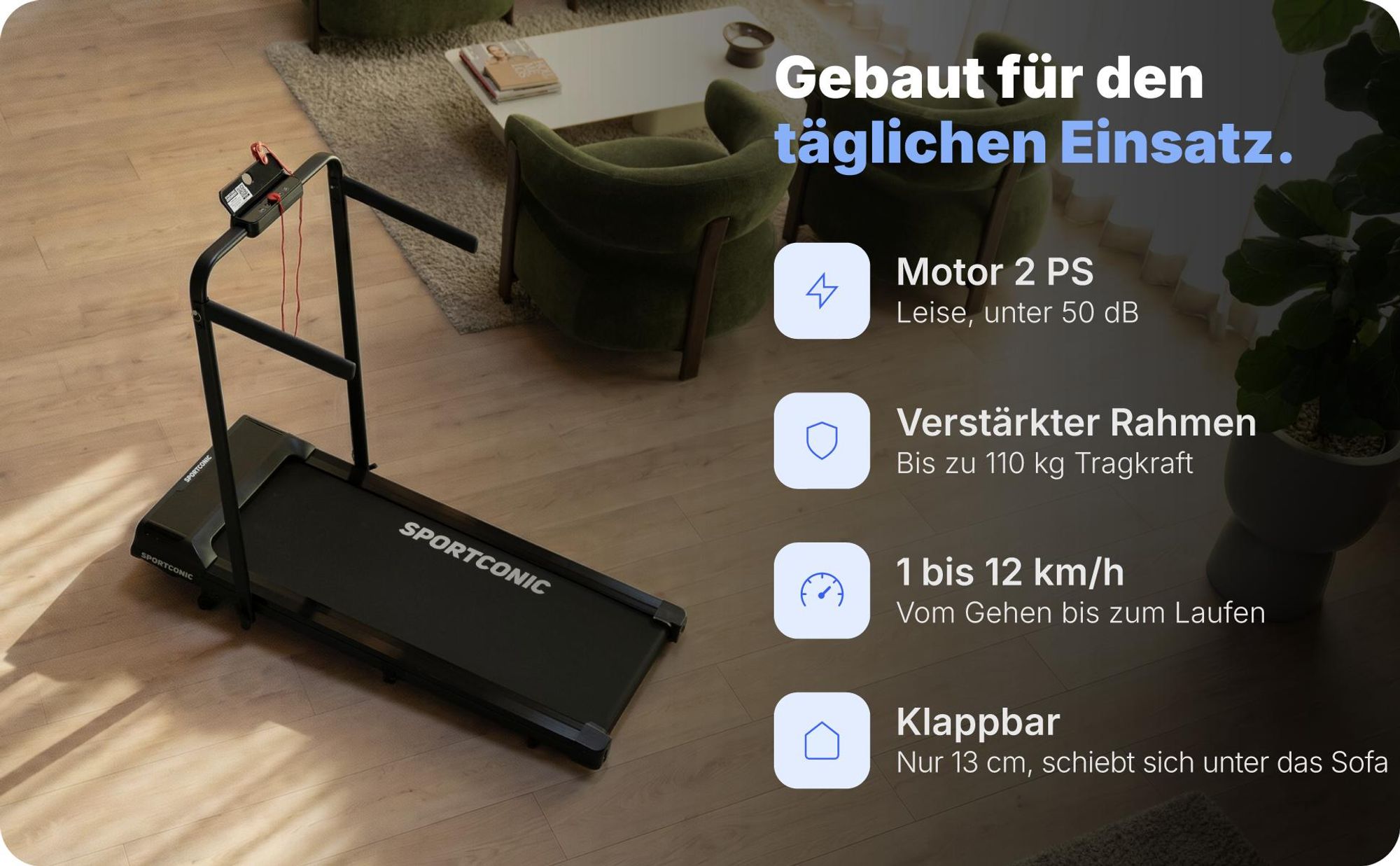 Sportconic Elektrisches Laufband 12 km/h, Klappbares Walking Pad Zuhause & Büro, 9 % Steigung, LED-Display, Tablet-Halter