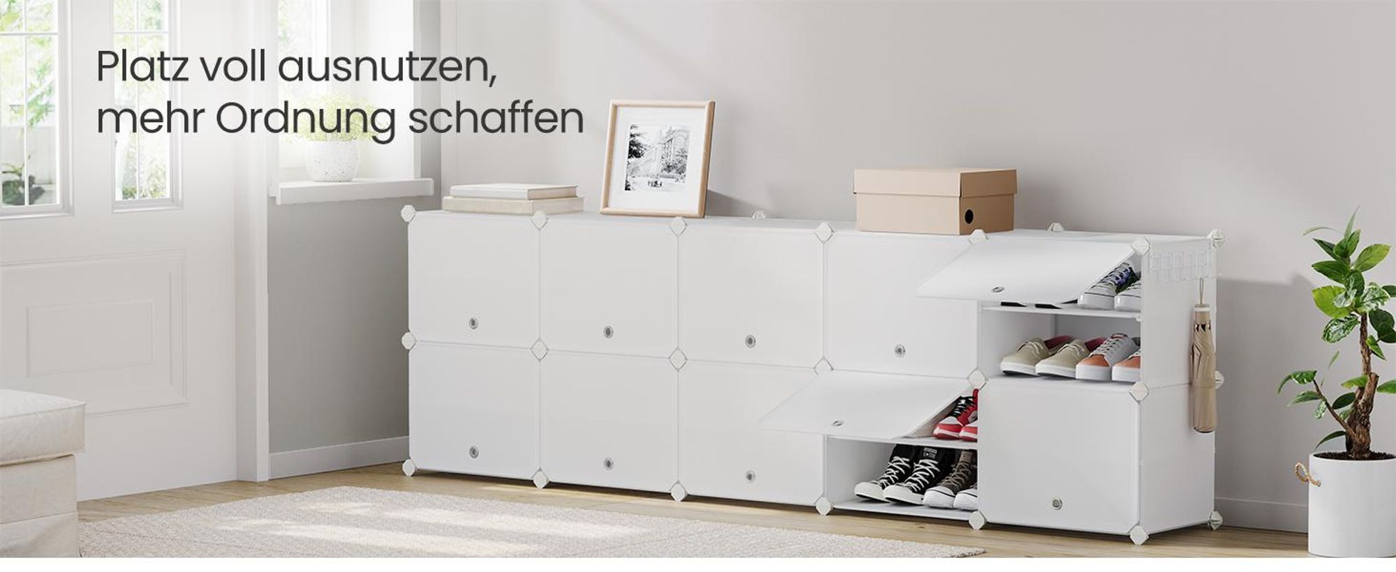 Schuhregal mit 12 Fächern, Schuhschrank, 30 x 40 x 30 cm pro Fach, schmal, mit Türen, Stahlrahmen, Kunststoff, wolkenweiß