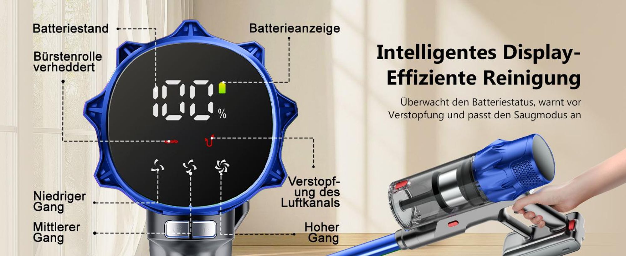Portreen Akku Staubsauger, 85000Pa Staubsauger kabellos mit Touchscreen, Haustierbürste, Schlauchbürste, HEPAx4, 2L, 80Min, Anti-Tangle-Staubsauger