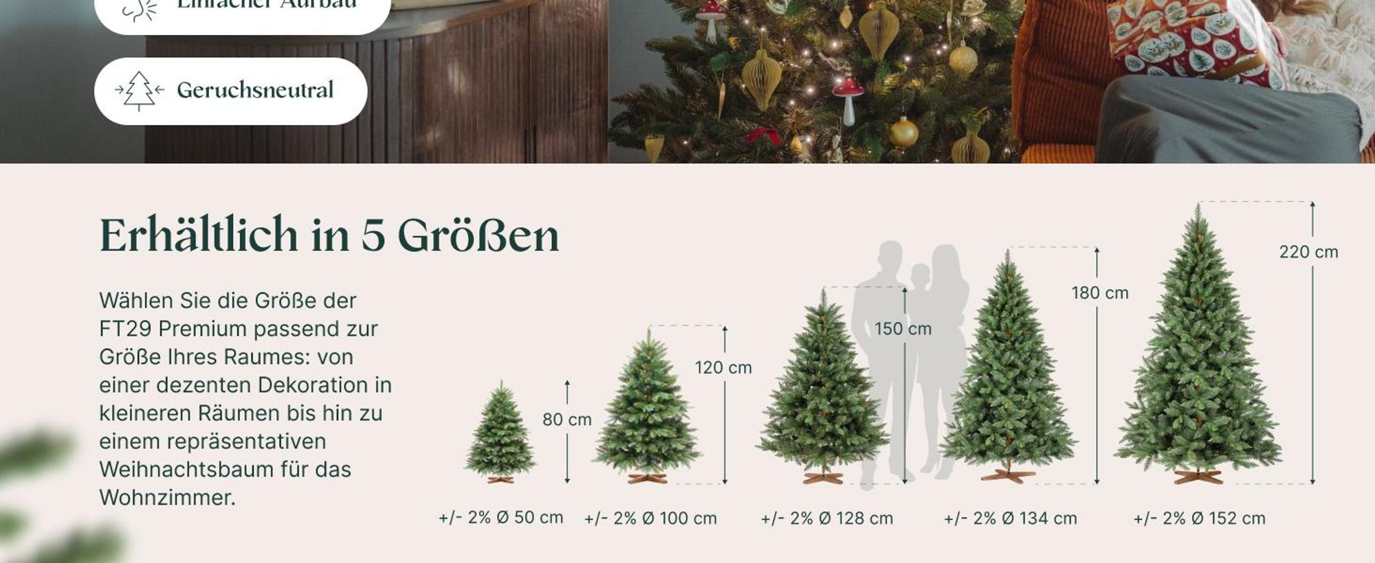 FAIRYTREES Weihnachtsbaum künstlich, Nordmanntanne Premium 150 cm, Naturgetreue Spritzguss Elemente,  EU, Künstlicher Weihnachtsbaum mit handgefertigtem Ständer aus Eschenholz