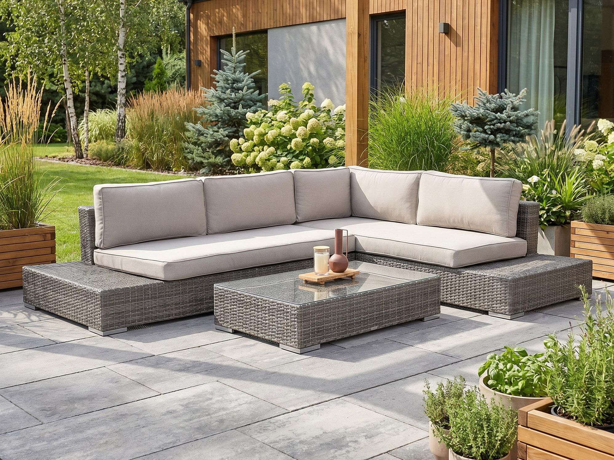BEAUTYSOFA | FIRENZE Gartenlounge Ecksofa Dunkelgrau – Polyrattan Lounge Set mit Couchtisch, Balkonmöbel Set für 6–7 Personen