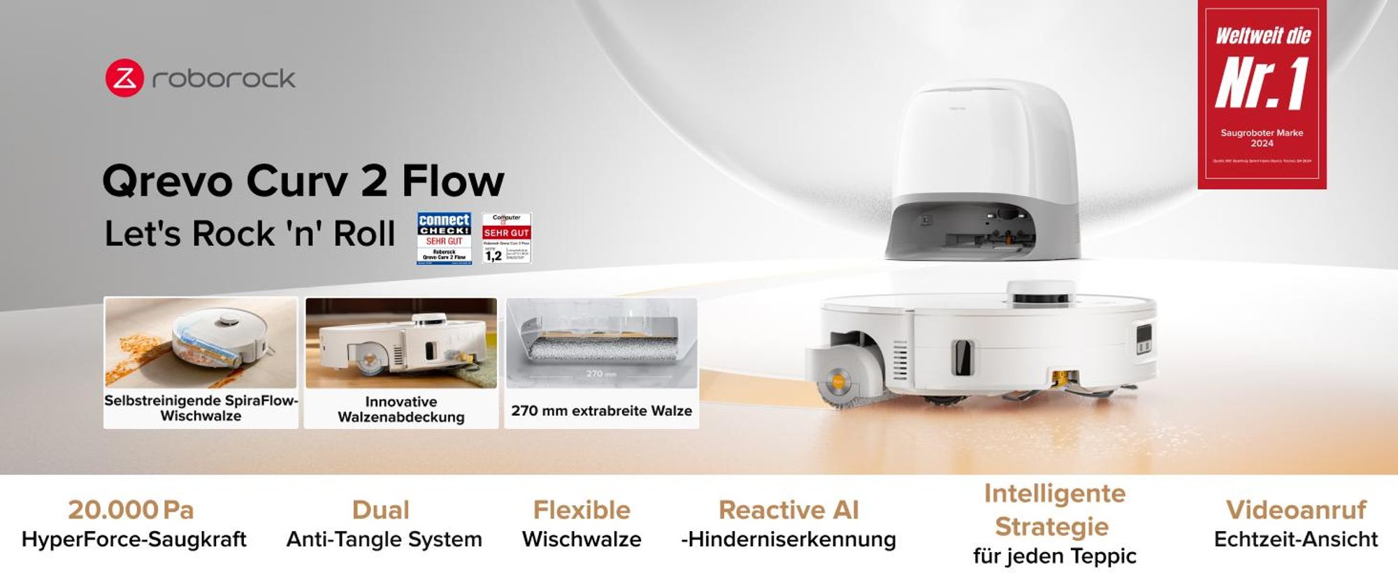 Roborock Qrevo Curv 2 Flow Staubsauger Roboter mit Wischfunktion, SpiraFlow-Wischwalze mit Selbstreinigung, 20.000 Pa, 75 °C Heißwasser-Moppwäsche