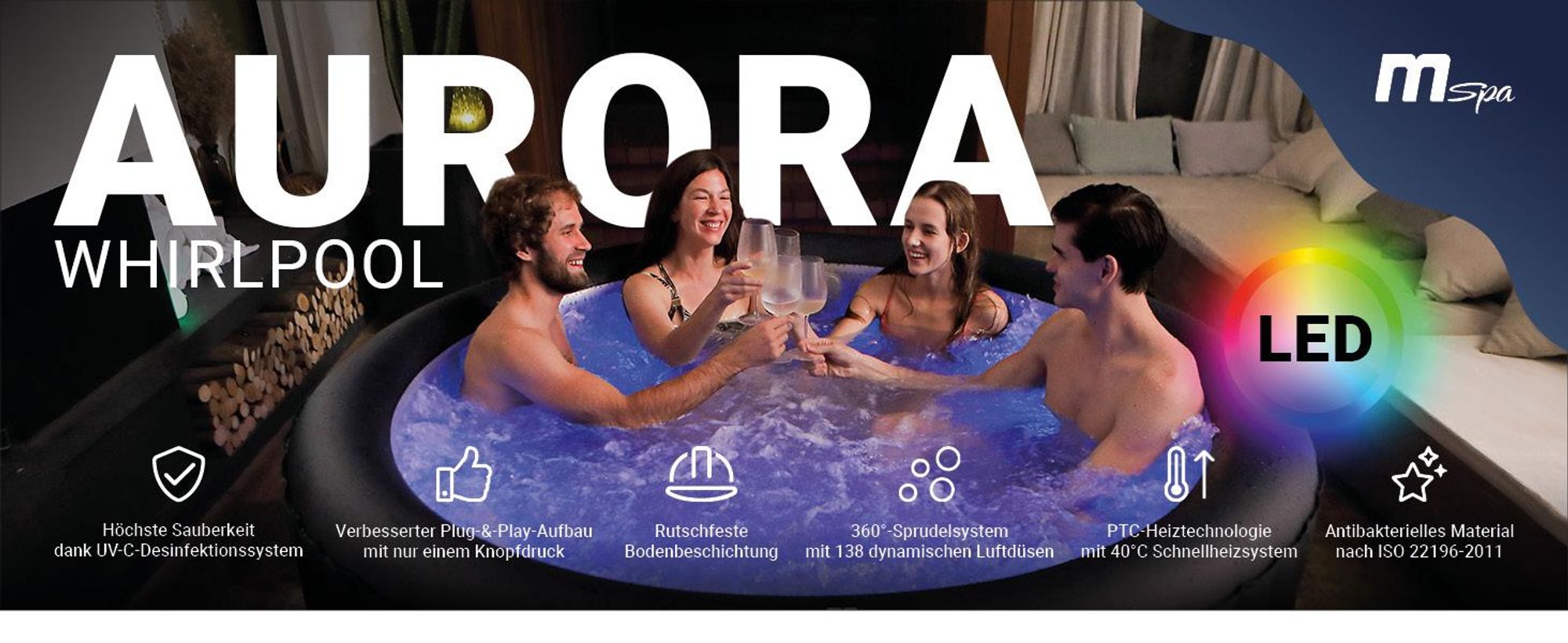 MSpa Whirlpool Urban Aurora | 6 Personen Pool - aufblasbar - UVC+ Filter - LED RGB Band -  Ozon-Desinfektion - Anti-Frost - mit Zubehör - 204 x 70 cm