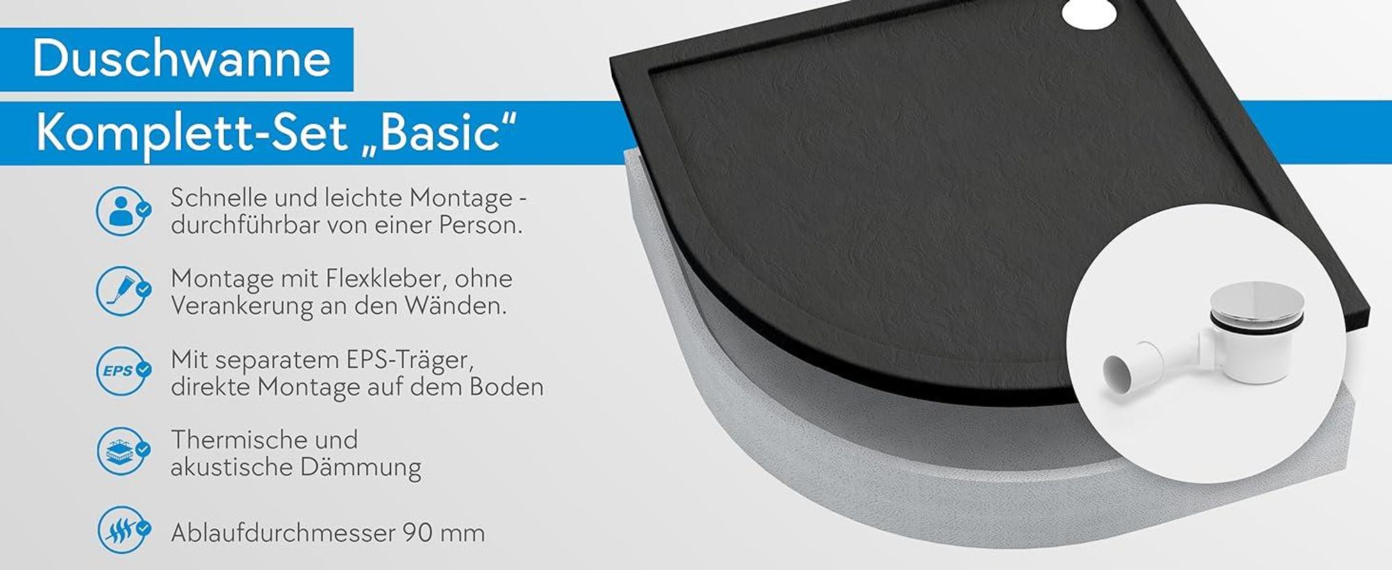 AQUABAD® Duschwanne Komplettset Basic Black Stone 90x90cm R55 Viertelkreis inkl. Styroporträger und Ablaufgarnitur Alcadrain A49CR