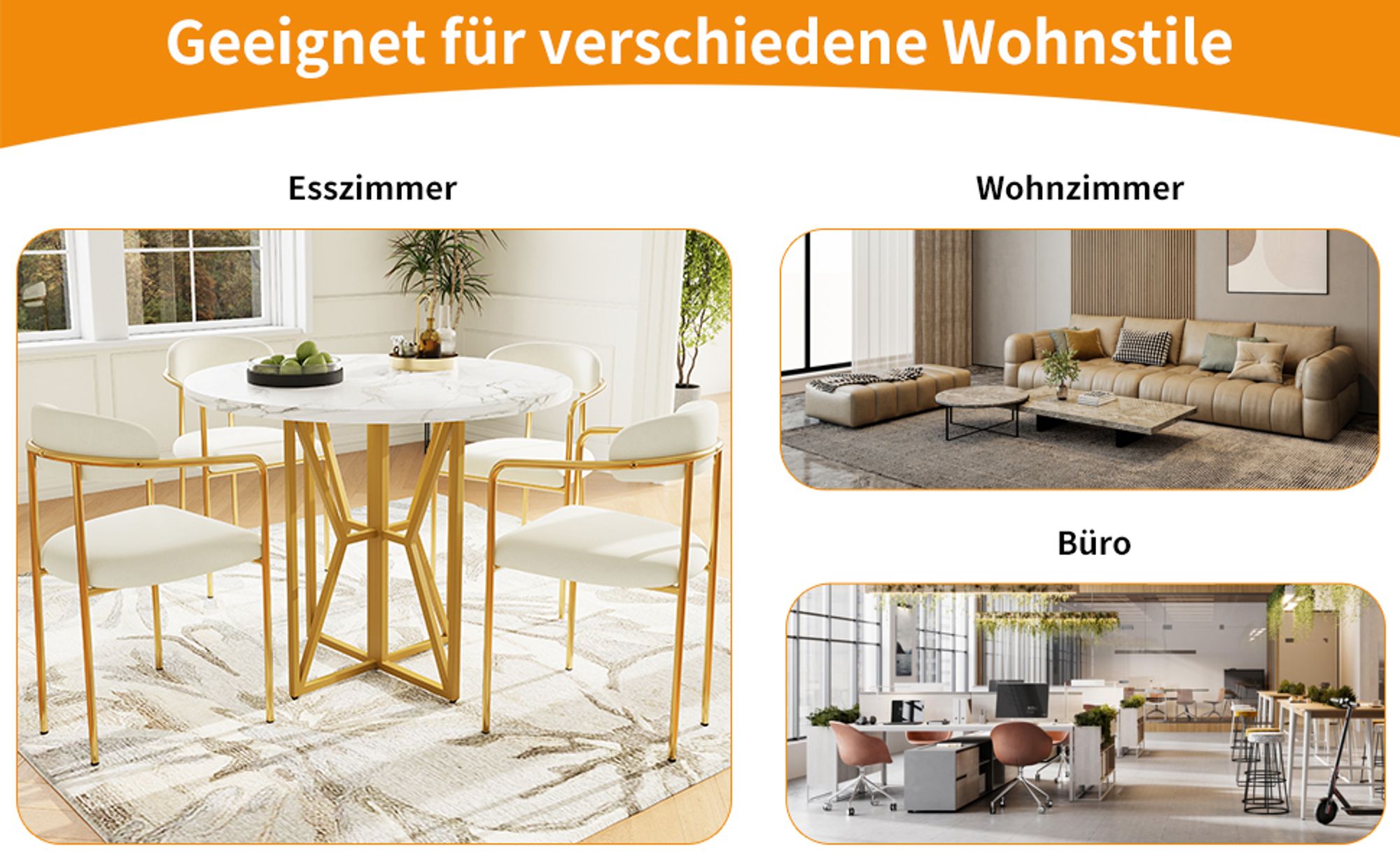 Flieks Esstisch Rundtisch, 80x76 cm, Esszimmertisch mit Metallbeinen, Küchentisch Holzküchentisch für Esszimmer Wohnzimmer, Weiß+Gold