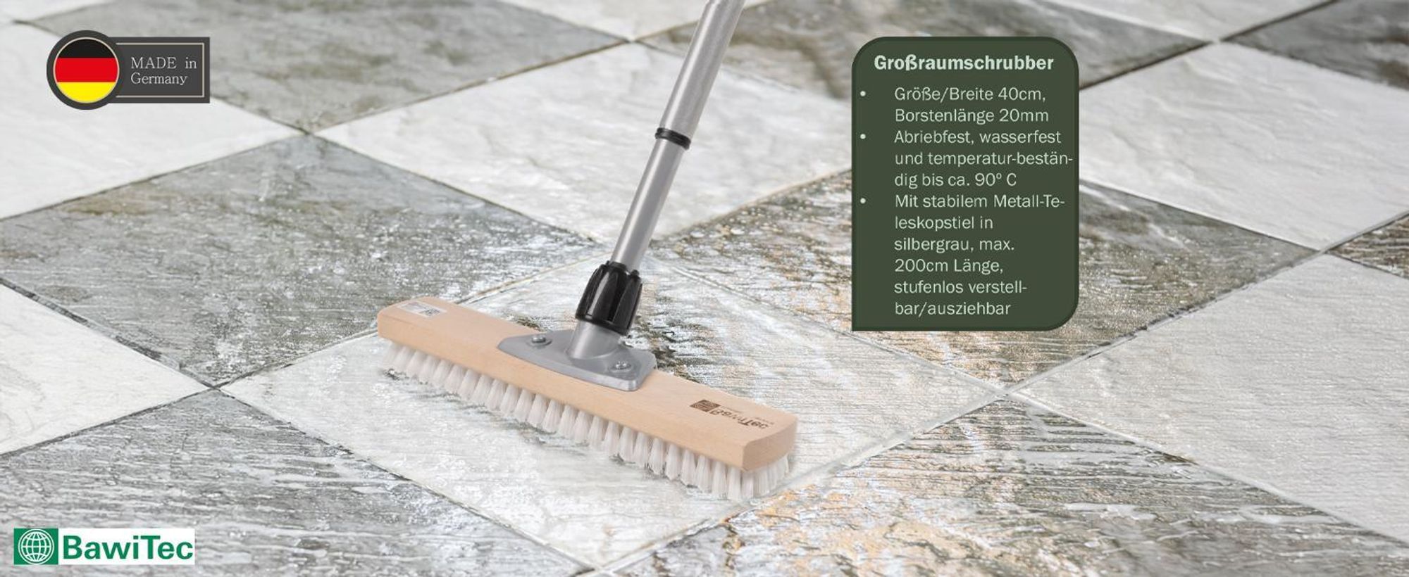 BawiTec Großraumschrubber 40cm Breit mit Teleskopstiel 200cm Lang ppn-weiß Schrubber Stiel ausziehbar weiße Borsten