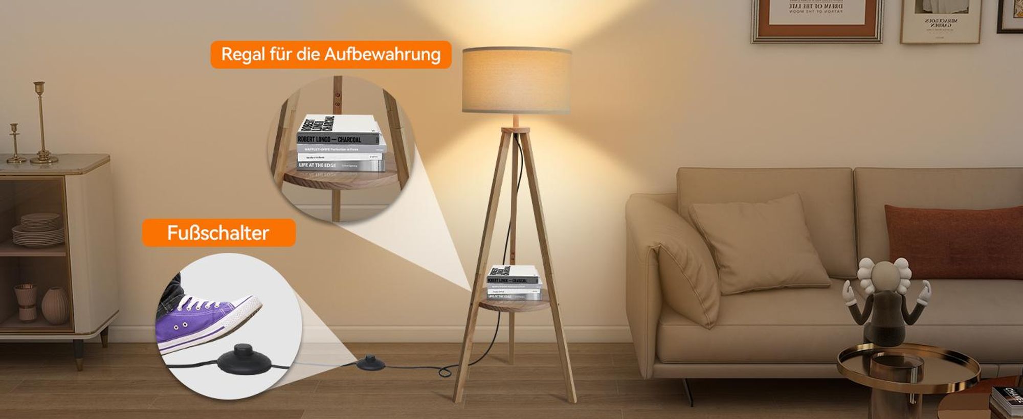 Puluomis Stehlampe Stehleuchte Standleuchte standlampe Bodenlampe, Holz Regal, mit Fußschalter, E27 Beleuchtung für Schlafzimmer Wohnzimmer Beige