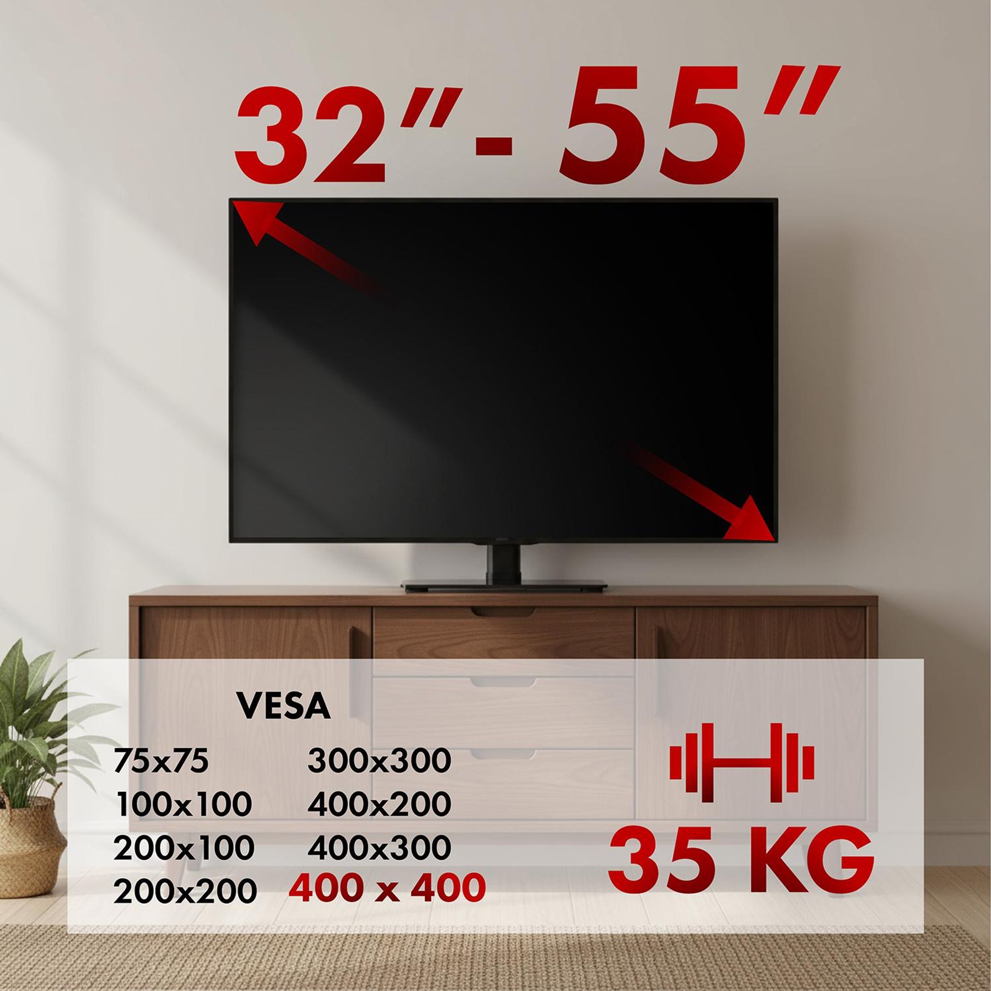 Universal-TV-Ständer Maclean für RTV-Schrank Standfuß max. 35 kg Drehung 20 Grad für TV 32-55" MC-132
