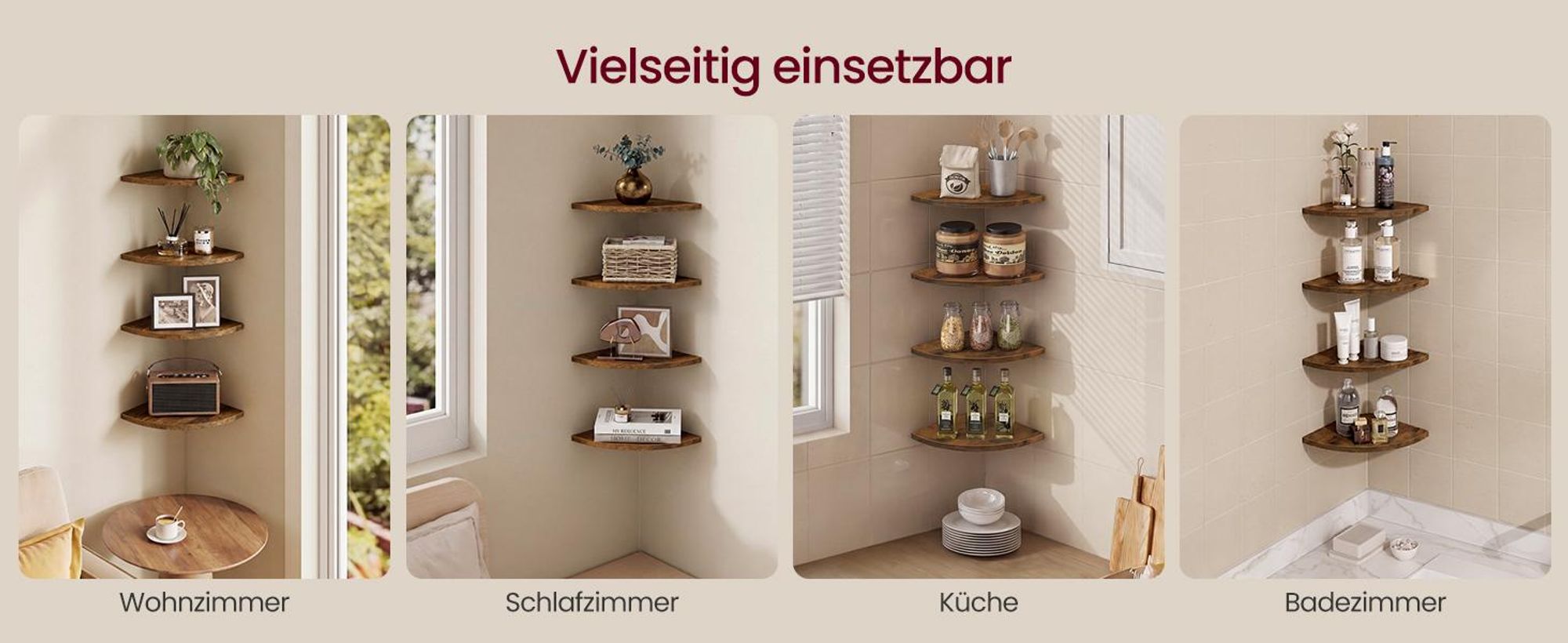 VASAGLE 2er Set Eckregal, Fächerförmiges Schweberegal für Schlafzimmer, 20 x 20 x 1,2 cm, Braun
