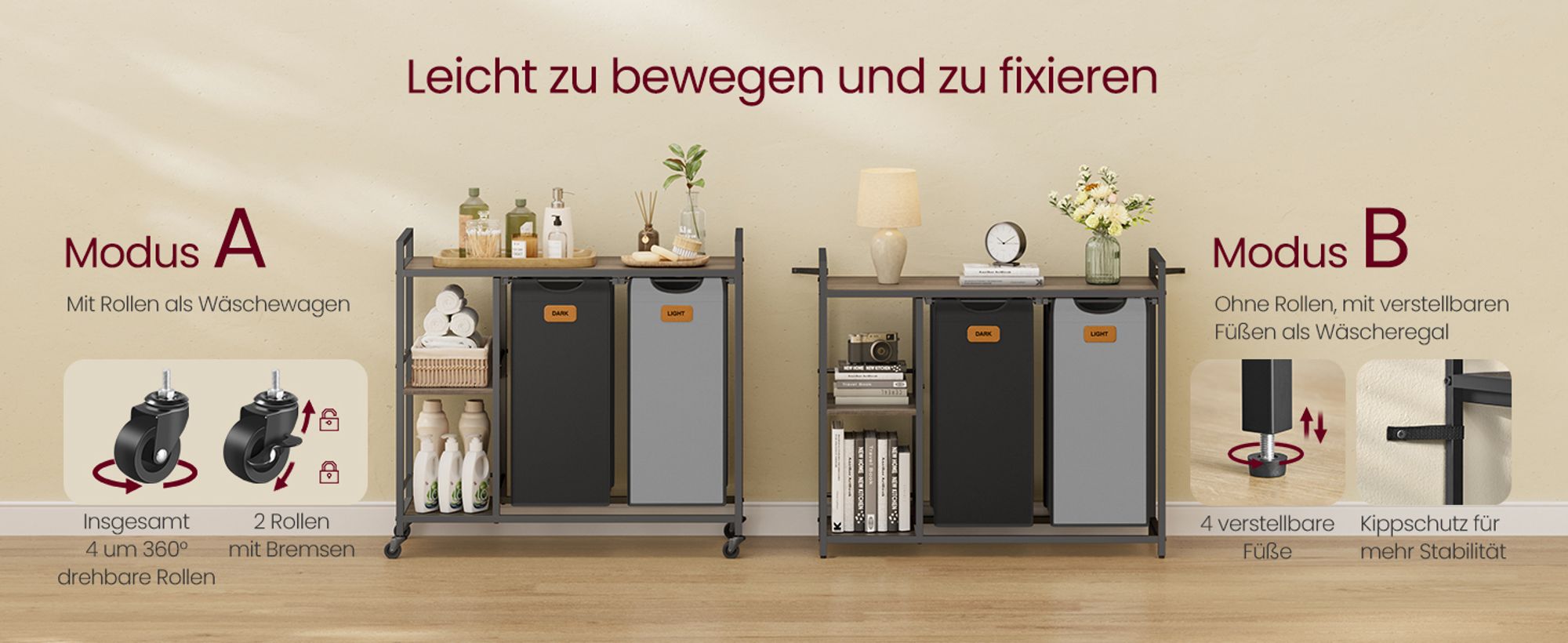VASAGLE Wäschekorb 2 Fächer,Wäschesammler 100 L,Rollen, Wäschewagen mit Ablagen